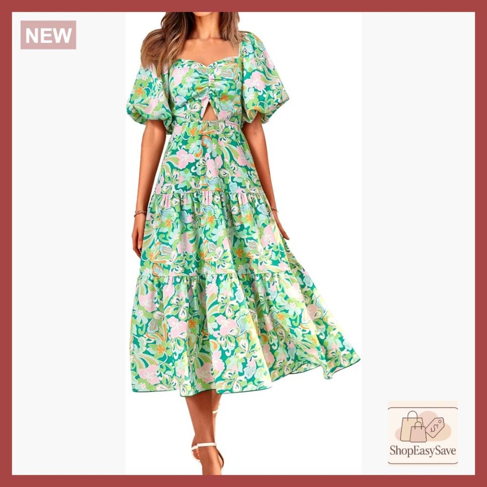 Boho Maxi Dress Flowy Smocked Back Square Neck Casual Summer Floral